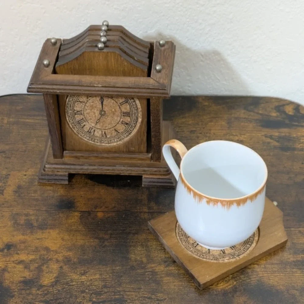 Vintage 1975 Enesco Wooden Clock Coaster Set‎ Of 6 Retro Decor Wood Cork